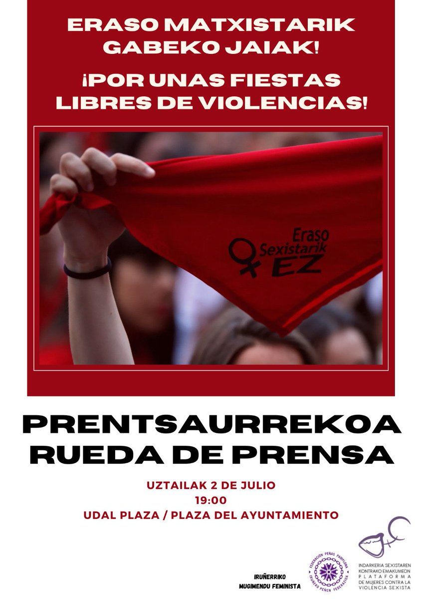 PRENTSAURREKOA 💥 RUEDA DE PRENSA

🗓️ Uztailak 2 de julio
📍 Udal plaza / Plaza del Ayuntamiento
🕖 19.00

Por unos Sanfermines seguros y libres de violencias para todas las personas. Gora borroka feminista!