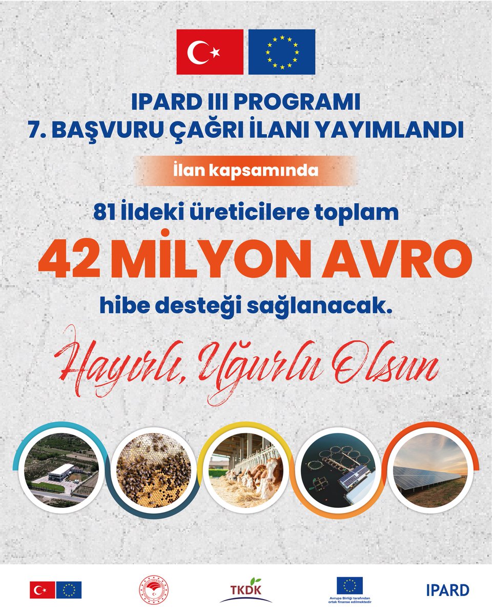 📢 81 ildeki girişimcilere yönelik, 42 milyon avro bütçeli IPARD III Programı Yedinci Başvuru Çağrı İlanı yayımlandı.

🌱 IPARD Programı kapsamında modern üretim, sürdürülebilir istihdam ve güçlü kırsal kalkınma hedefiyle desteklerimiz devam edecek.

#TKDK #IPARD 🇹🇷🇪🇺