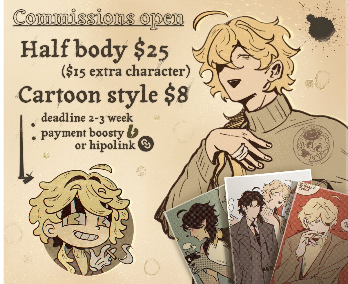 tedlybinn's tweet image. Finally, open slots for color comms 📼
Fell free to comment of message me directley ꈍ◡ꈍ
I can do oc, fanart or any gender!