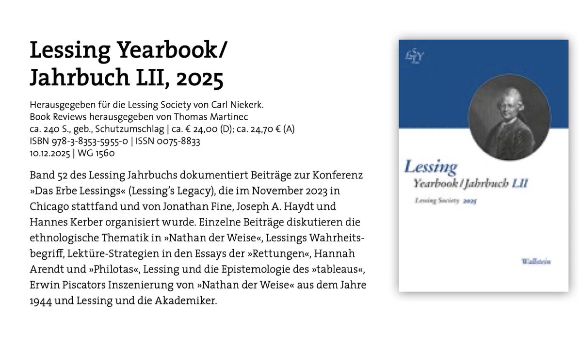 HannesKerber's tweet image. Excited to announce that the special issue of the Lessing Yearbook — edited by Carl Niekerk, Joe Haydt, @jonathanbfine, and myself — is coming this December!
It documents the contributions to the 2023 conference LESSING'S LEGACY at @UChicago.
Stay tuned for more!