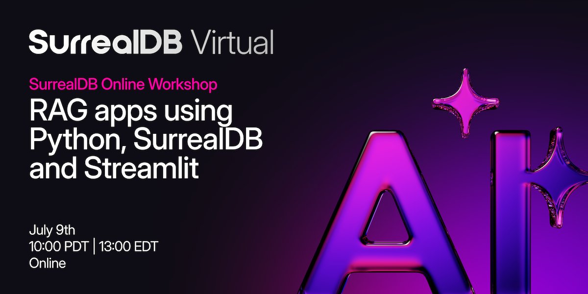 Most RAG tutorials start with a framework like LangChain, but what if you could build leaner, faster apps using just Python? Join us on July 9 to learn how to build RAG apps using Python, SurrealDB, and Streamlit.  

👉 sdb.li/3GdTowd
