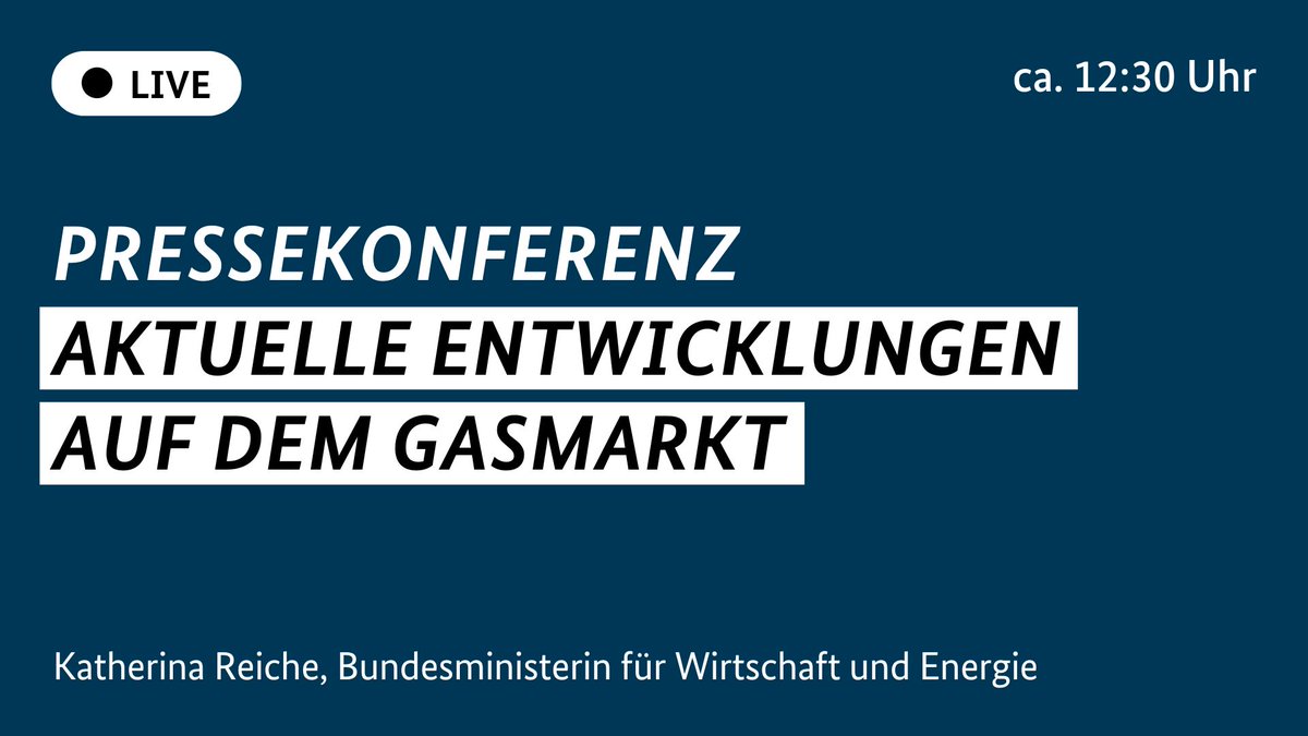 BMWE_'s tweet image. 📺 Live um 12:30 Uhr: Pressekonferenz zu den aktuellen Entwicklungen auf dem Gasmarkt mit Katherina Reiche, Bundesministerin für Wirtschaft und Energie. ▶️ Zum #Livestream auf YouTube: youtube.com/live/Lw8AcgKc5…