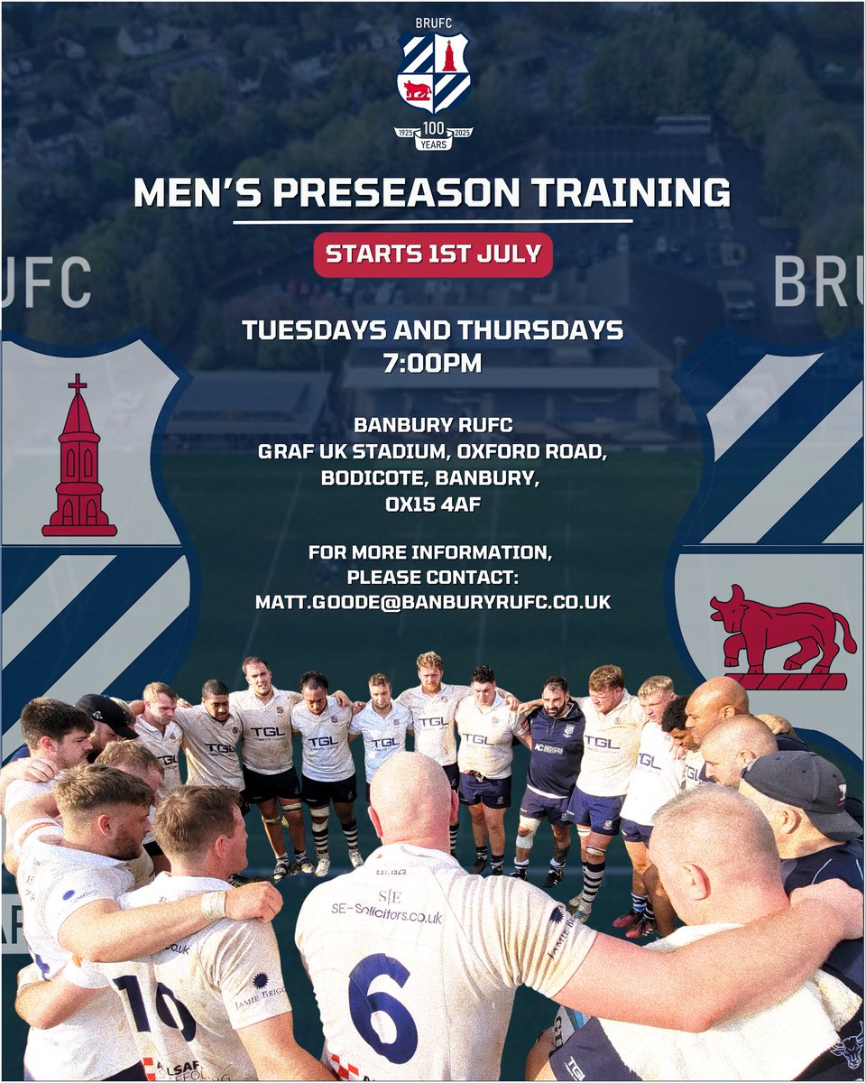 Banbury Rugby Club (@banburyrufc) on Twitter photo 🏉 | 𝐌𝐄𝐍’𝐒 𝐏𝐑𝐄𝐒𝐄𝐀𝐒𝐎𝐍 𝐓𝐑𝐀𝐈𝐍𝐈𝐍𝐆
Preseason is back from Tuesday 1st July. Training is every Tuesday & Thursday from 7:00pm.
For more information, please contact DOR Matt Goode on matt.goode@banburyrufc.co.uk
#Rugby #Bulls 🐂
#Oxfordshire #Preseason 🏉 | 𝐌𝐄𝐍’𝐒 𝐏𝐑𝐄𝐒𝐄𝐀𝐒𝐎𝐍 𝐓𝐑𝐀𝐈𝐍𝐈𝐍𝐆
Preseason is back from Tuesday 1st July. Training is every Tuesday & Thursday from 7:00pm.
For more information, please contact DOR Matt Goode on matt.goode@banburyrufc.co.uk
#Rugby #Bulls 🐂
#Oxfordshire #Preseason