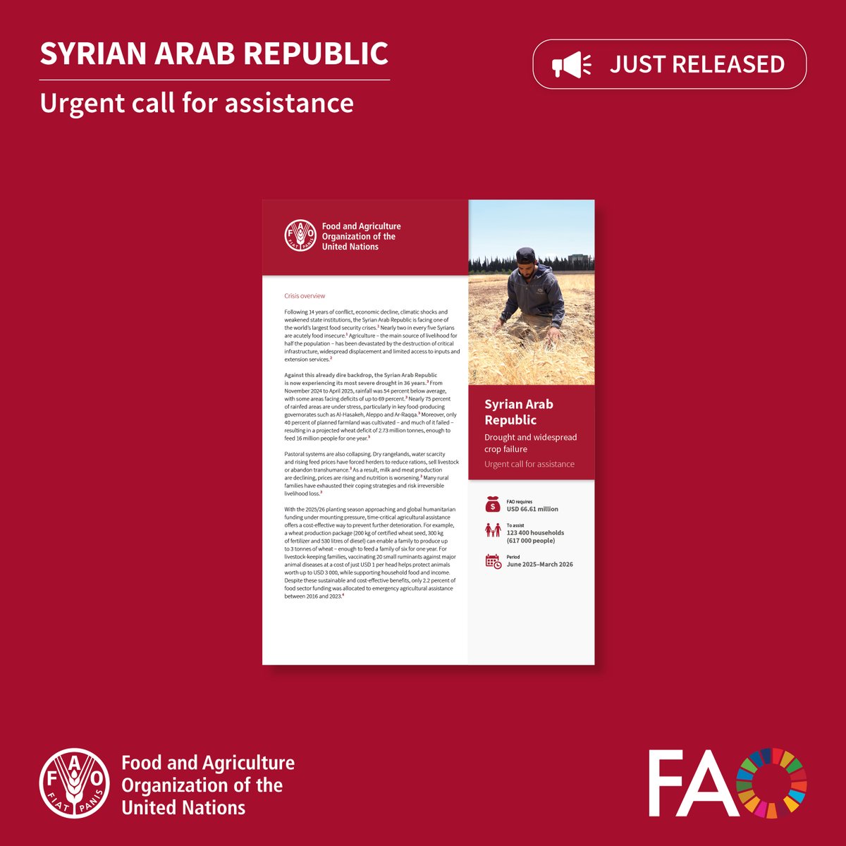 Syrian Arab Republic: The worst drought in 36 years has decimated crops and rural livelihoods.

With the 2025/26 planting season nearing, urgent support is vital.

<a href="/FAO/">Food and Agriculture Organization</a> seeks $66.6M to help 617k restore their livelihoods and improve their food security.

bit.ly/3TPBUcB