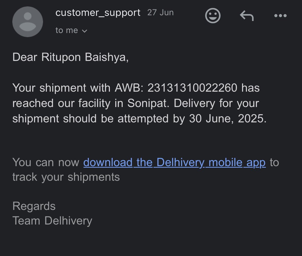 clynt69's tweet photo. @help_delhivery A delivery date of 30th june was promised, it’s still in Sonipat and has not yet been delivered. Absolutely horrendous service. https://t.co/W9GqzXzwaT