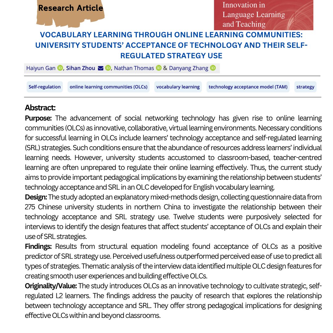 Vocabulary learning through online learning communities: university students’ acceptance of technology and their self-regulated strategy use
tandfonline.com/doi/full/10.10…