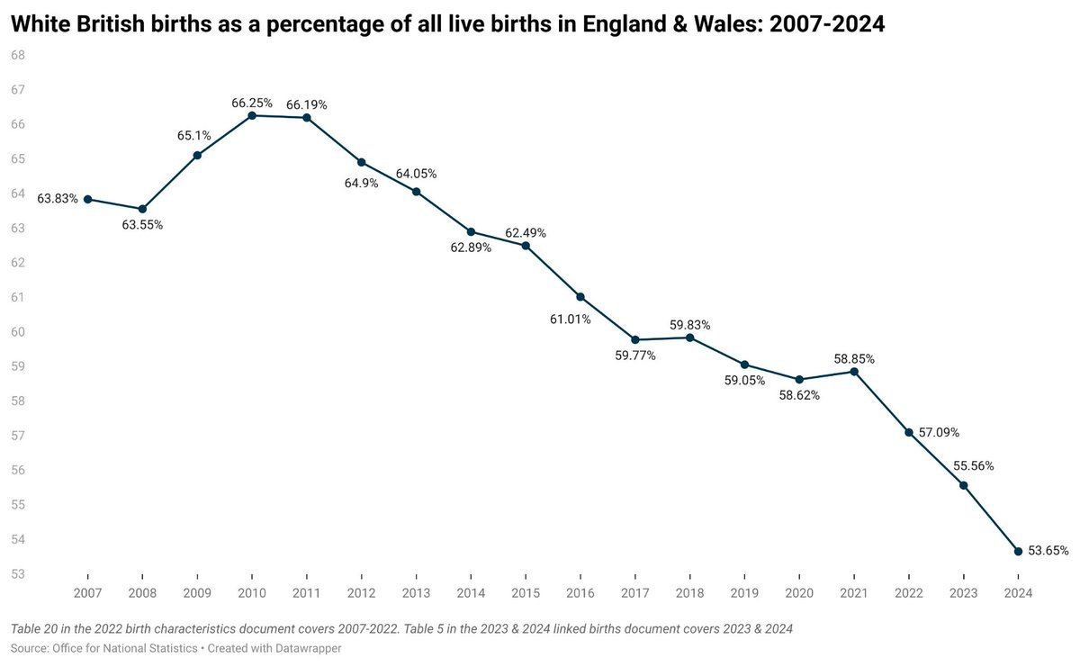 The ONS has published information on births in England &amp; Wales for 2024.

As I wrote for Pimlico a few weeks ago, preliminary data suggested for 2024, White British births would drop to 53.91%.

In the full release, this figure was 53.65%, a fall of 5.2% since 2021.