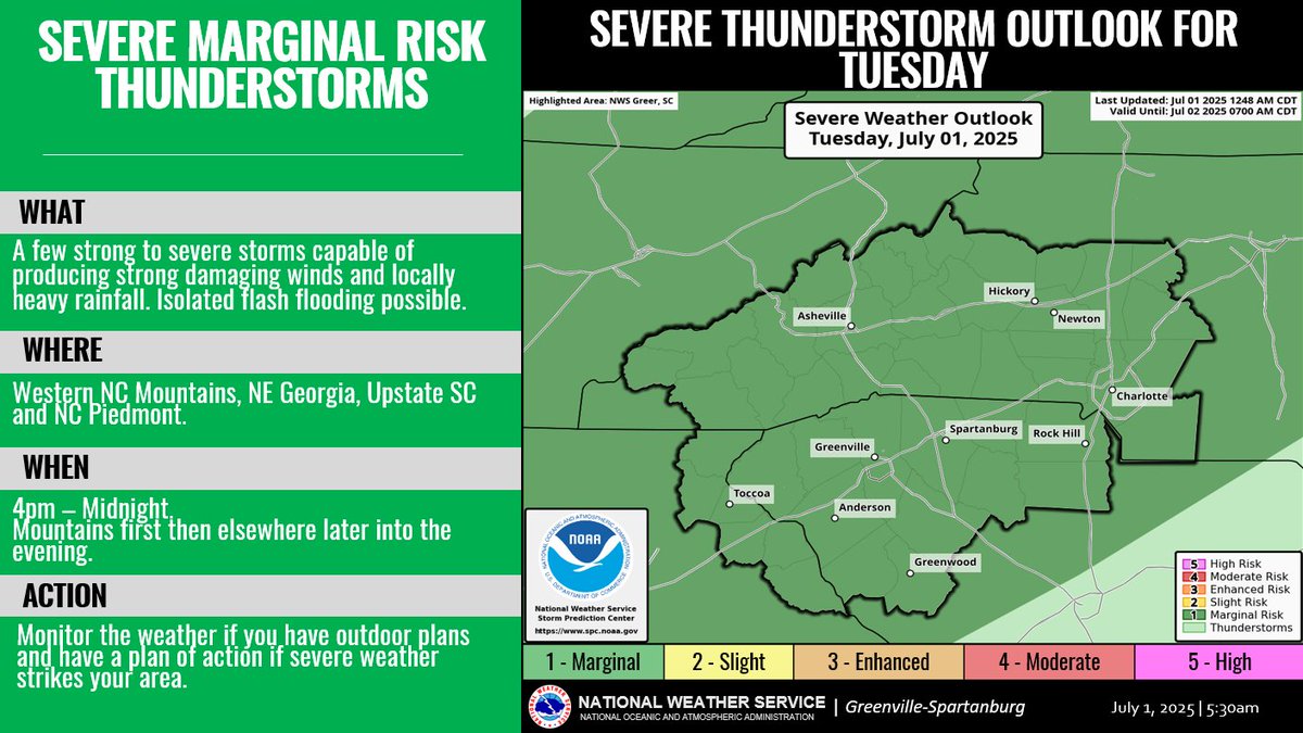 A cold front brings a chance for a few strong to severe thunderstorms today. Main hazards are damaging winds and locally heavy rainfall. Isolated flash flooding is possible. Storms should start after 4pm in the mountains and move east through midnight.
#scwx #ncwx #gawx