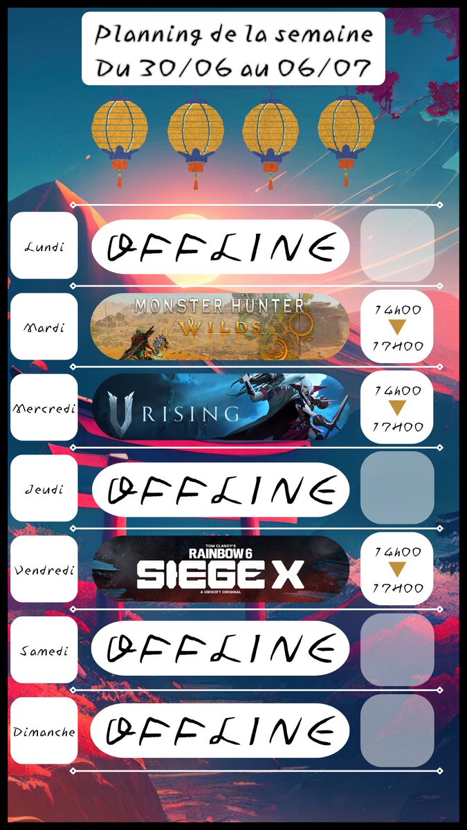 Le nouveau planning de la semaine est là les gens !
Hésitez pas à m'accompagner sous cette chaleur infernal 🥵