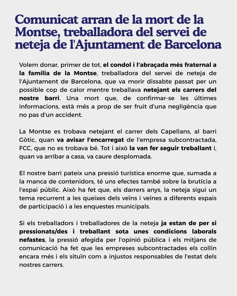 resistimalgotic's tweet image. 🔴Dissabte va morir la Montse, per un cop de calor mentre treballava netejant els carrers del barri.
Des del barri Gòtic agraïm eternament la teva feina, Montse, i exigim una investigació a fons i mesures perquè un fet així no es repeteixi mai més.
Que la terra et sigui lleu.❤️