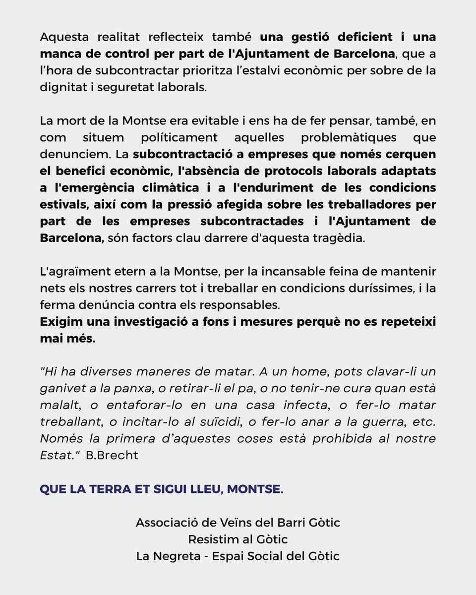 resistimalgotic's tweet image. 🔴Dissabte va morir la Montse, per un cop de calor mentre treballava netejant els carrers del barri.
Des del barri Gòtic agraïm eternament la teva feina, Montse, i exigim una investigació a fons i mesures perquè un fet així no es repeteixi mai més.
Que la terra et sigui lleu.❤️