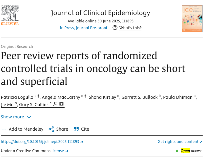 GSCollins's tweet image. NEW PAPER in @JClinEpi looking at the content of open peer-review reports of RCTs in the field of oncology  

sciencedirect.com/science/articl…

Peer review reports [...] were short (median 276 words), superficial, and rarely constructive  #metascience #peerreview #RCTs