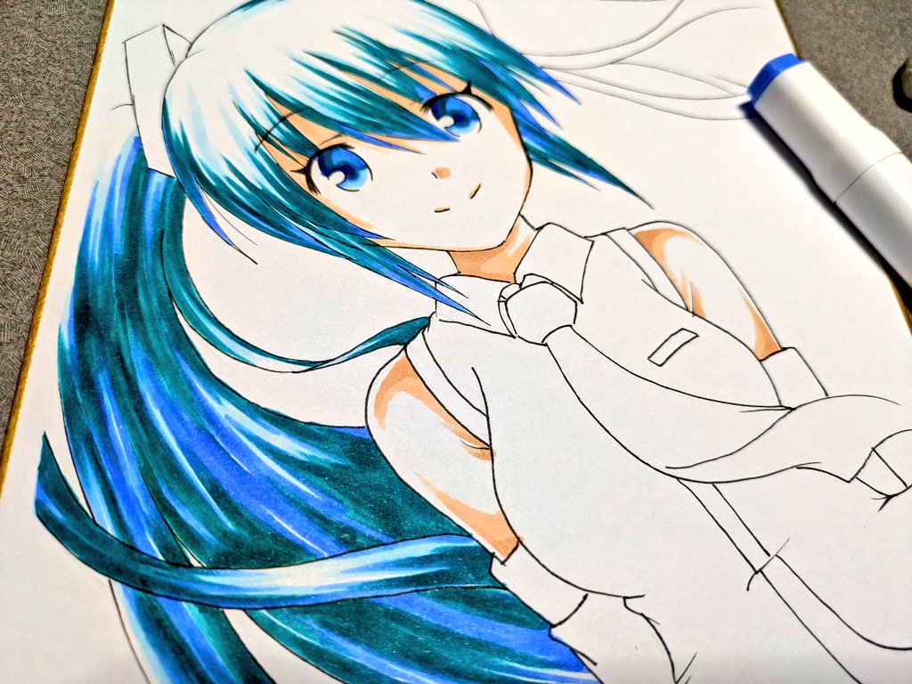初音ミク 「さっきは熱い感じのイラストだったので、今度は涼しい感じのイラストで。」|キノ店員のイラスト