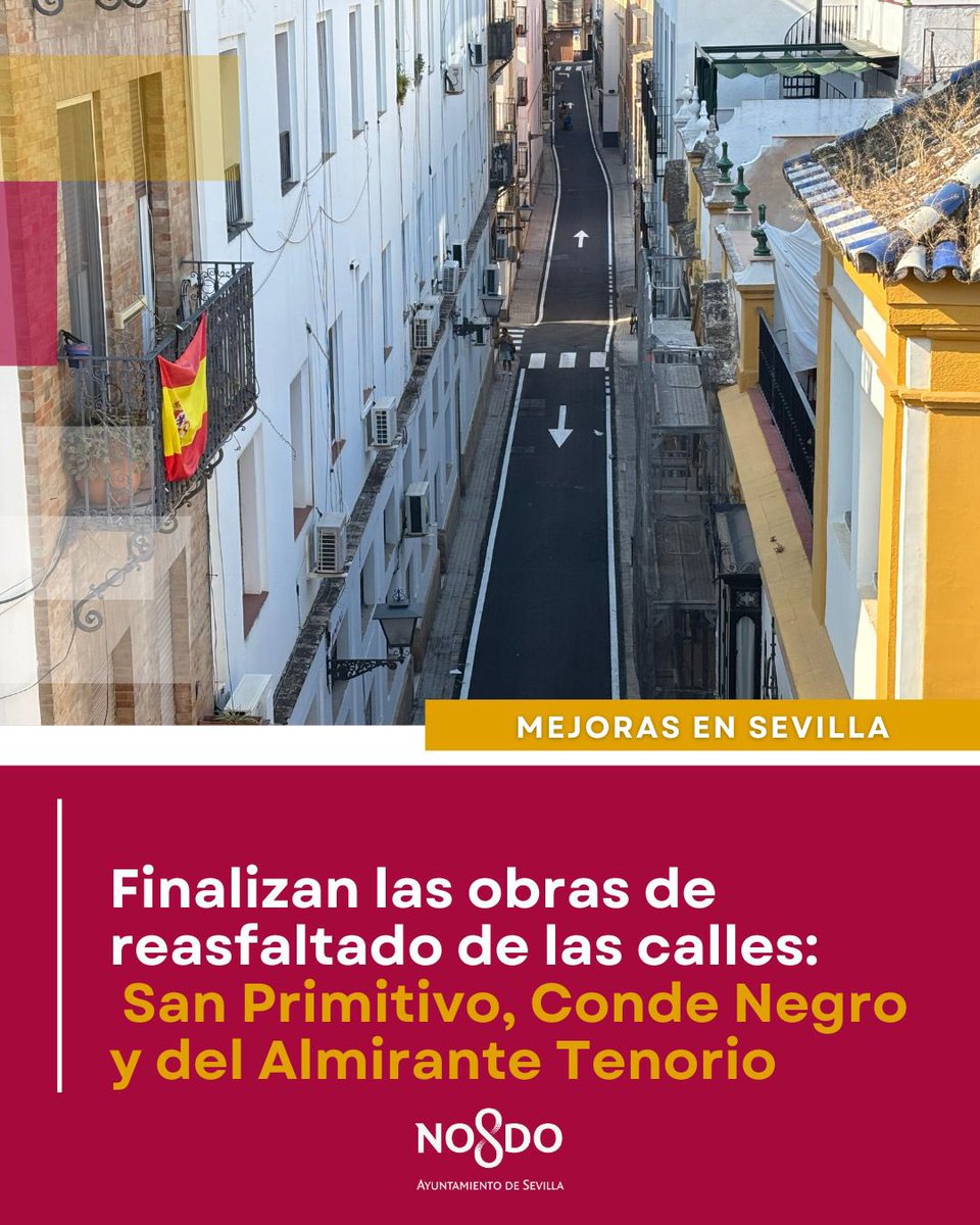 🏗️En la tarde de ayer, se llevó a cabo el reasfaltado de las calles San Primitivo, Conde Negro y del Almirante Tenorio.

✅Estas mejoras suponen una inversión importante en el mantenimiento del viario de la ciudad para garantizar la movilidad y la seguridad vial en Sevilla.