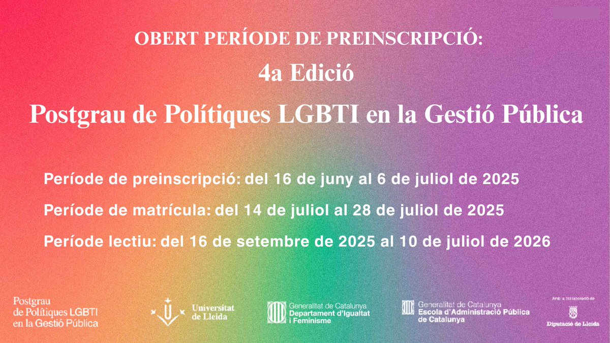 🎓 Oberta preinscripció a la 4a Edició del Postgrau de Polítiques LGBTI en la Gestió Pública.
➡️formaciocontinua.udl.cat/ca/programes-f…