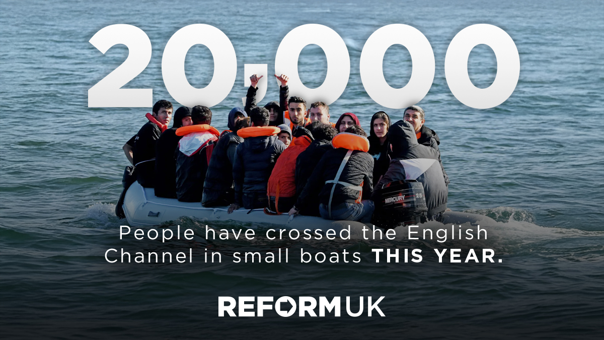 reformparty_uk's tweet image. This morning marked 20,000 people who have crossed the English Channel in small boats this year. 

Reform will stop the boats and deport all illegal migrants.