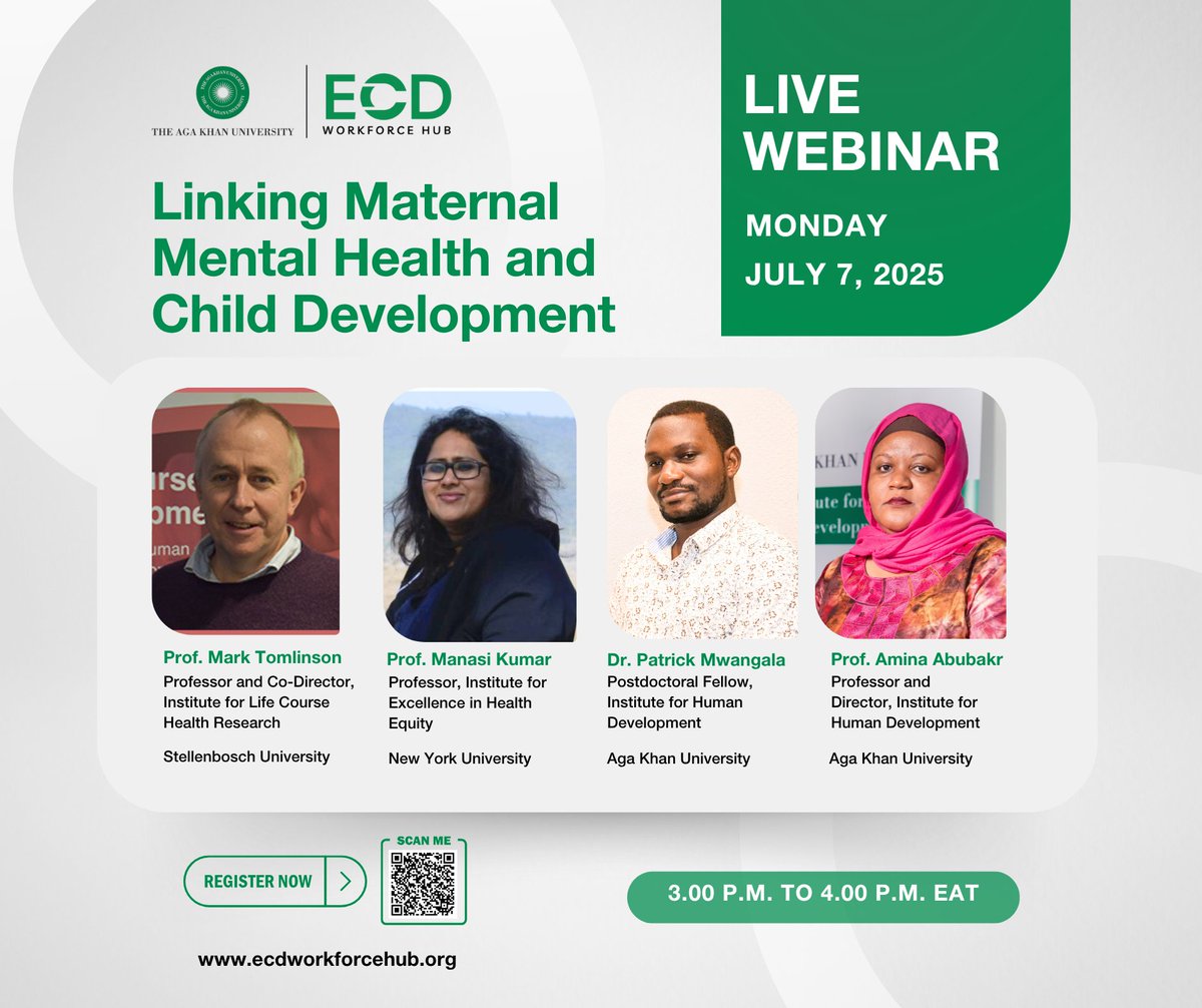 Join us for our upcoming webinar on linking maternal mental health and child development. We will also explore various strategies used at the community level to implement effective programs and interventions.

📆July 7, 2025
⏲️3.00 p.m. EAT

Register: bit.ly/44GldXc