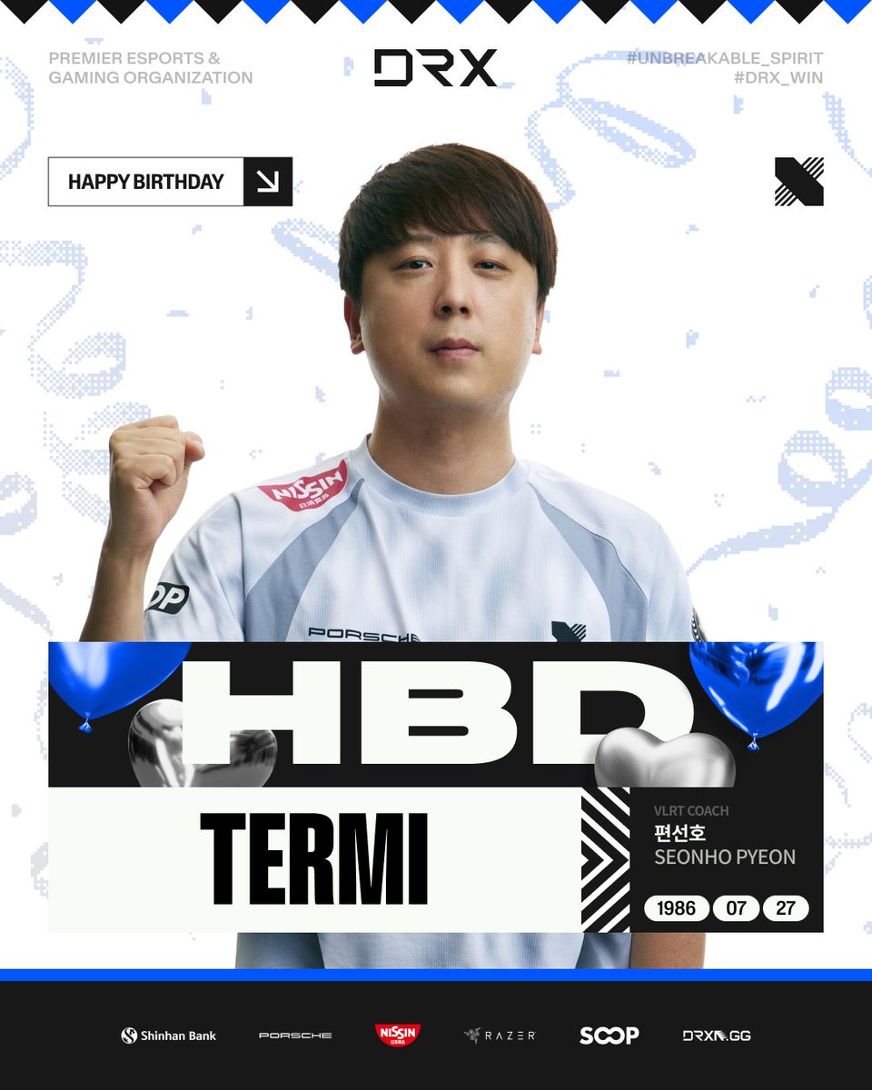 DRX_GLOBAL's tweet image. Happy birthday to our DRX VALORANT Head Coach @termi_kr !π
DRX VALORANT termi, νΈμ νΈ κ°λ
μ μμΌμ μΆνν©λλ€!
#DRX #DRXWIN #UnbreakableSpirit