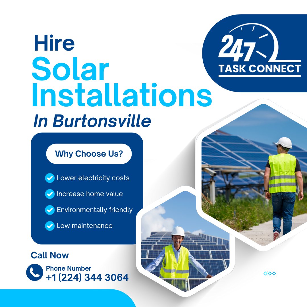 task_247's tweet image. 📞 Call Now: +1 (224) 344 3064
247taskconnect.com/hire-solar-ins…
Ready to power your home with clean, renewable energy?
🔋 Residential &amp;amp; Commercial Solar Panel Installation
💰 Federal Tax Credit Guidance
#SolarInstallerBurtonsville #GoGreenWith247 #247TaskConnect #SolarEnergyBurtonsville
