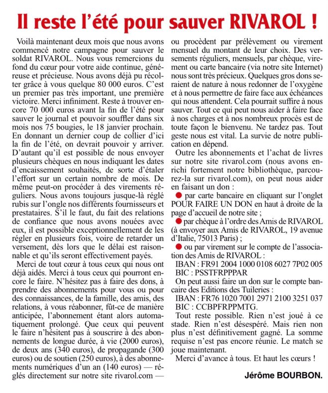 IIFBS_'s tweet image. Il reste l’été pour sauver Rivarol, la dernière publication authentiquement nationaliste et antisioniste de la presse écrite française !
N’hésitez pas à vous abonner à cet excellent hebdomadaire, disponible aux formats papiers et PDF.
👉 rivarol.com/18-abonnements