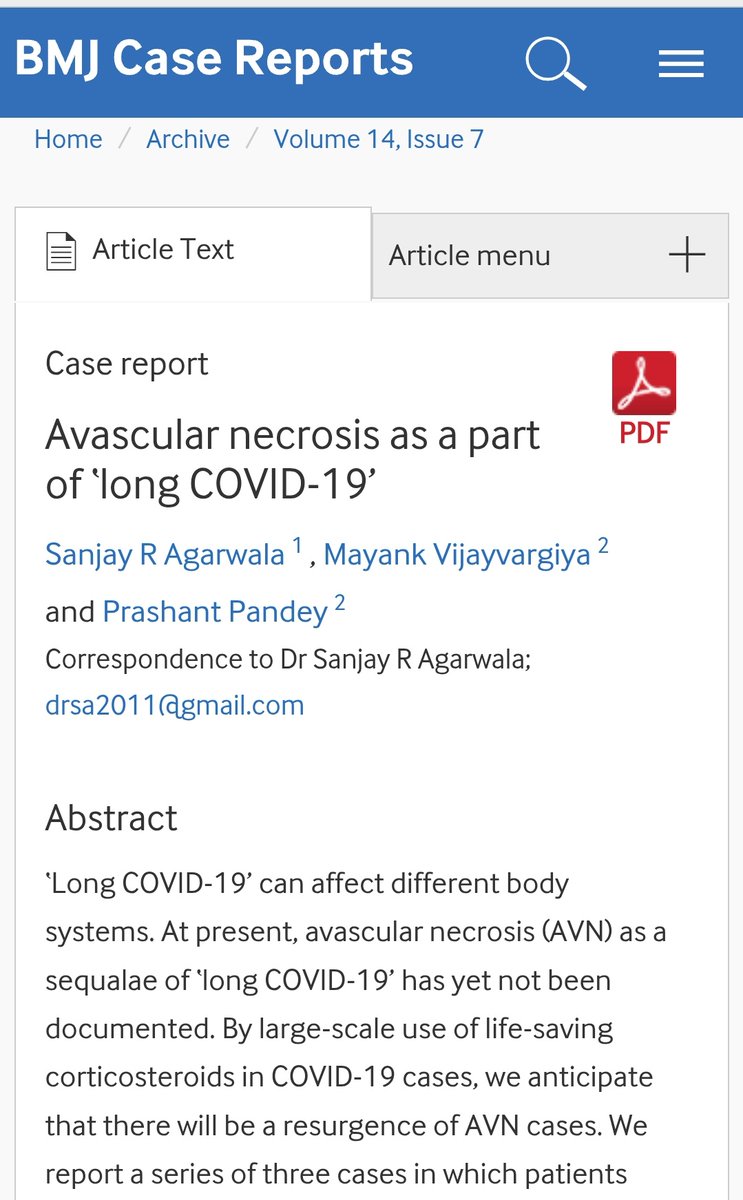 DrRaniKhatib's tweet image. COVID-19 never stops having consequences.
Avascular necrosis!
casereports.bmj.com/content/14/7/e…