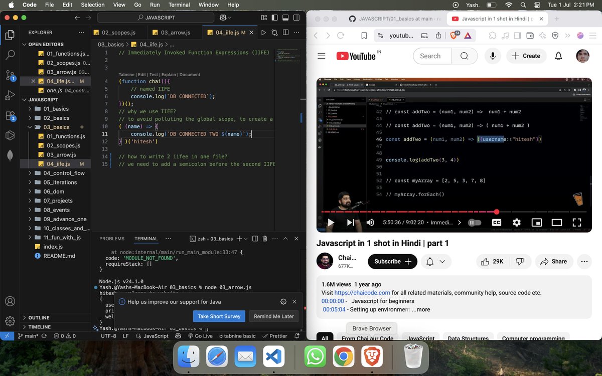 imraj1812's tweet image. Day 2✅ of "Coding Until I Get a Job" 💻
Today I kicked things off and learned:
• basics of arrays,objects
• global scope,how to write iife and many more
Let’s see where this grind takes me! 📷 #CodingUntilIGetAJob #Day2 #TechJourney
@Hiteshdotcom