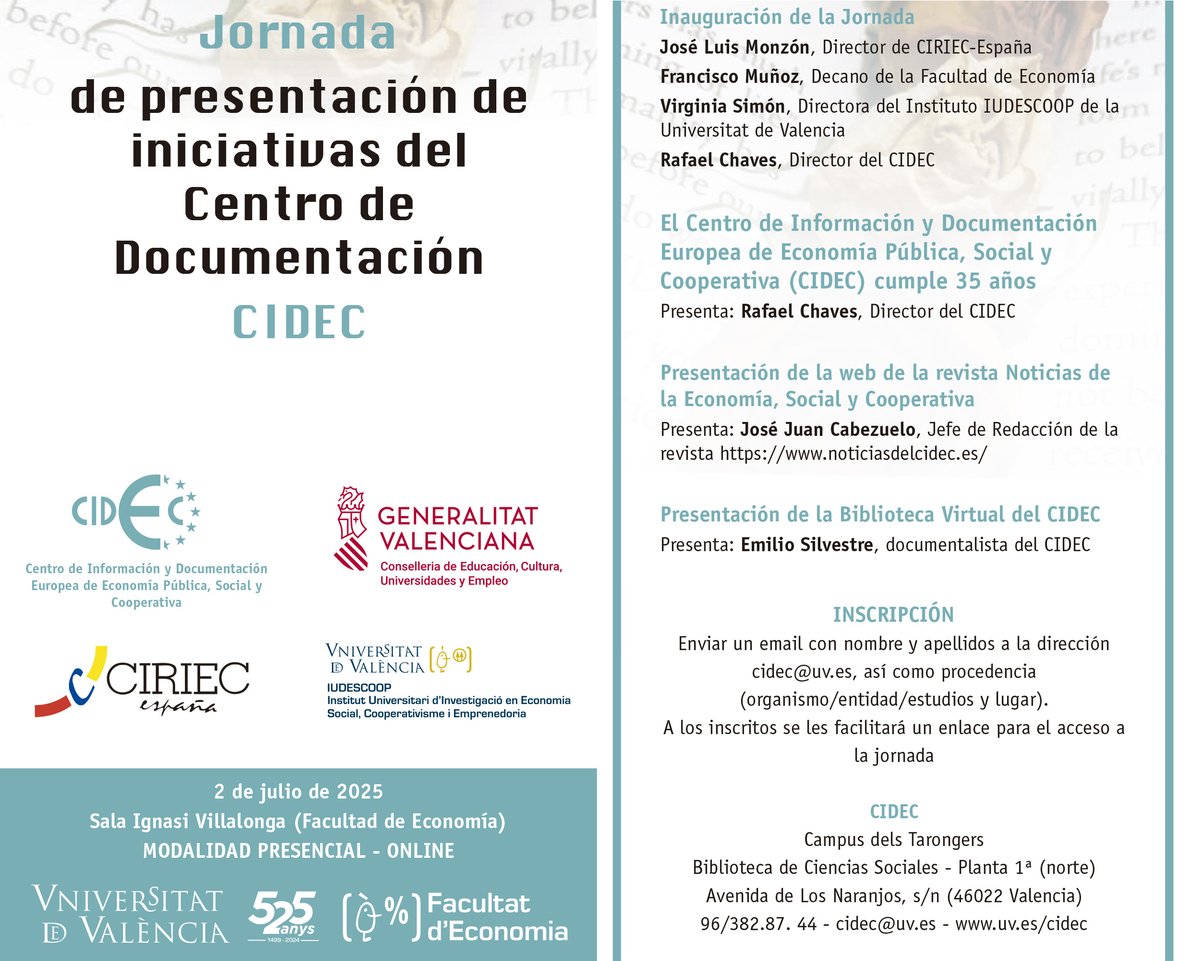 CIRIEC_Esp's tweet photo. Este miércoles, 2-Julio, presentamos con @iudescoop y @fdeconomiauv las últimas novedades del Centro de Documentación de #EconomíaSocial CIDEC, entre ellas la web de la revista 'Noticias del CIDEC' y su biblioteca virtual
Últimas inscripciones: cidec@uv.es ❗️
Presencial y on-line https://t.co/Ma752n0YrQ