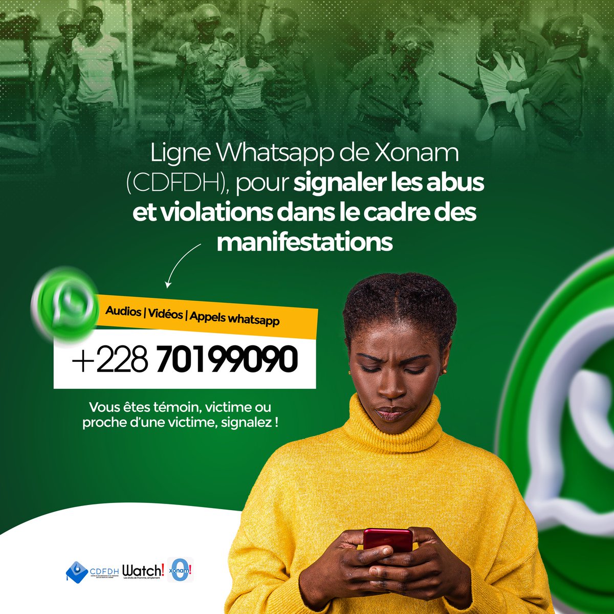 📢 Le saviez-vous ?

Une ligne WhatsApp est disponible pour signaler tout abus ou violation lors des #manifestations.

📱 +228 70 19 90 90

👉🏽 signalez !

#DroitsHumains #CDFDH #Xonam #Togo #actualite #LeSaviezVous