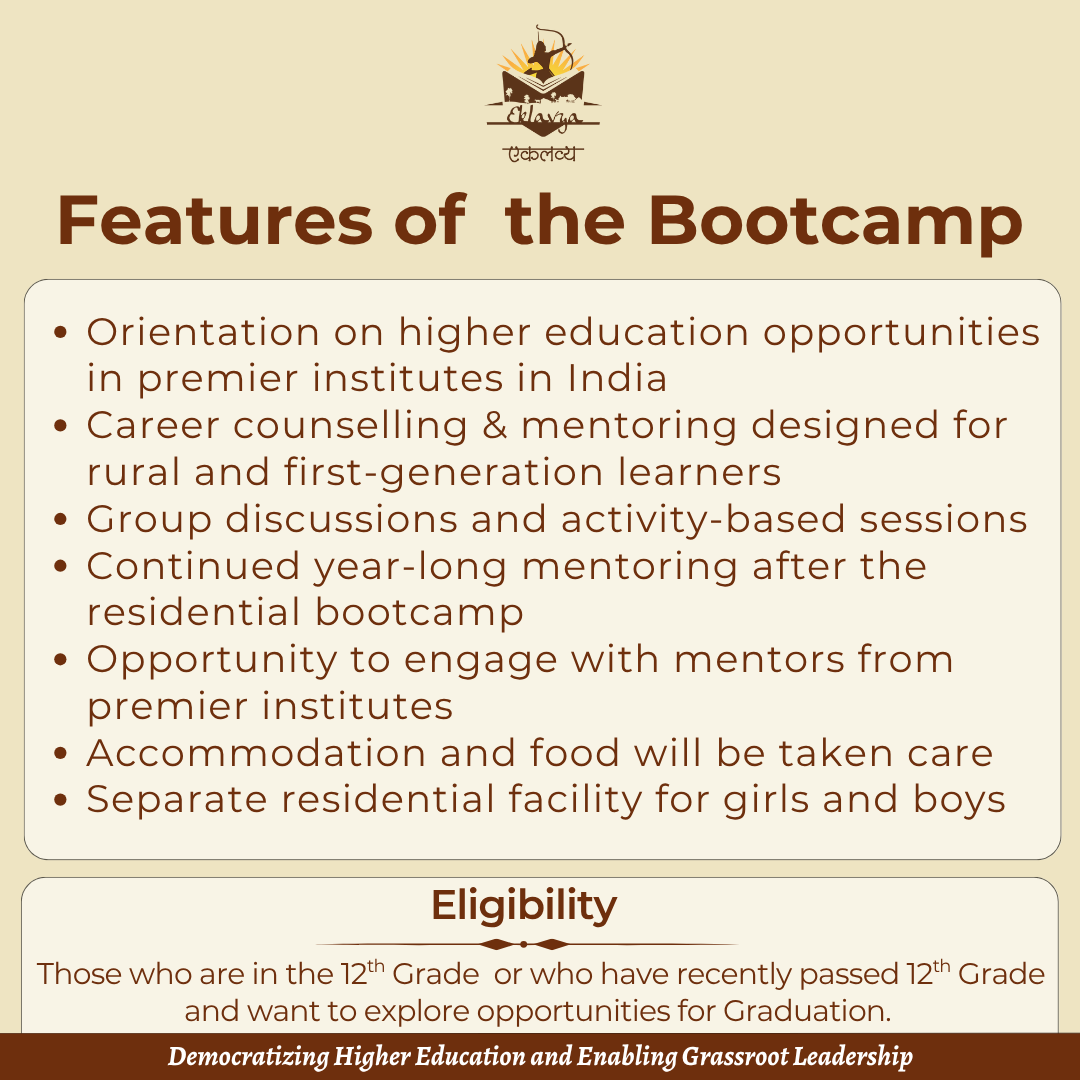eklavya_india's tweet photo. Confused about what to do after 12th? Don’t limit your dreams to just Engineering or Medical—there’s a whole world of opportunities waiting for you!

Join the UG Residential Bootcamp 2025 – a 3-day residential workshop, specially designed for students from rural &amp; tribal areas. https://t.co/TnBlWvBcnj