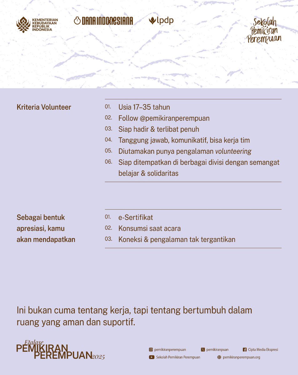Etalase Pemikiran Perempuan Memanggilmu!  Kami mencari kamu—yang ingin terlibat bukan hanya sebagai tangan yang membantu, tapi juga sebagai hati yang hadir, belajar, dan tumbuh bersama. #sekolahpemikiranperempun #volunteer #feminists
