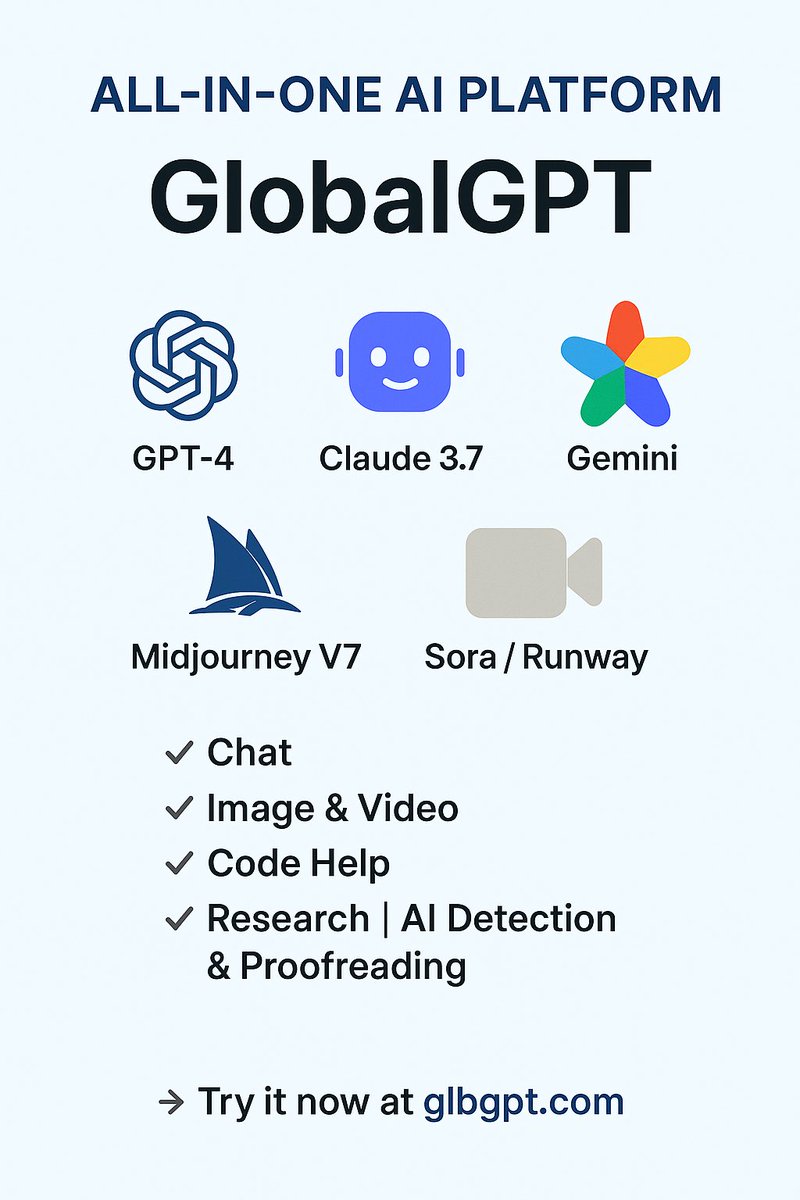 GlobalGPT is a platform that consolidates top AI tools in one location. It includes popular models such as GPT-4, Claude 3.7, Gemini, Llama, Grok, and others.

With just one account, you can chat, create images and videos, get help with coding, check for AI-written content, etc.