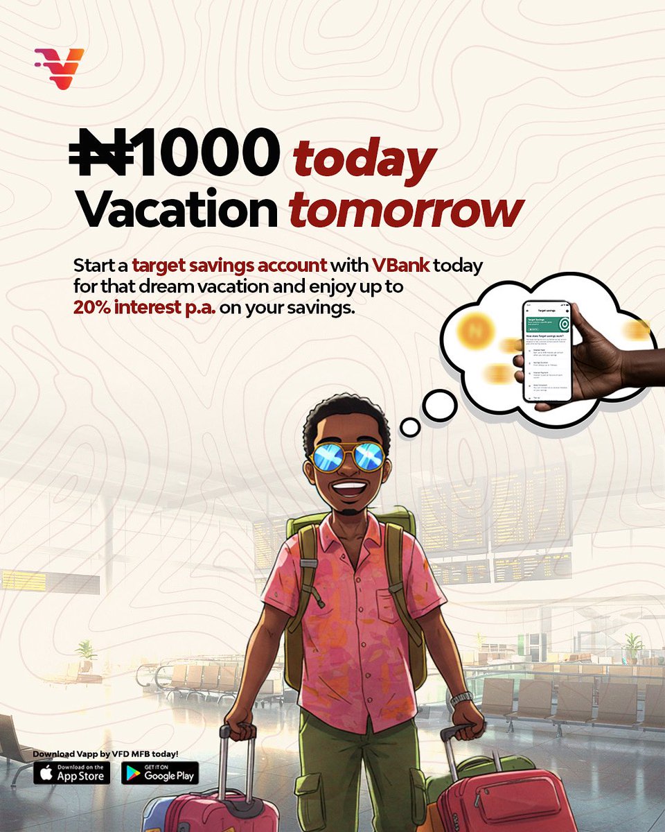 Vfdbankng's tweet image. Half the year is gone. The soft life? Still very possible.

You can start with just ₦1000 today, increase it as you go, stay consistent, and watch it turn into passport stamps tomorrow, all through our Target Savings account at 20% interest per annum.

Download the VBank app now…