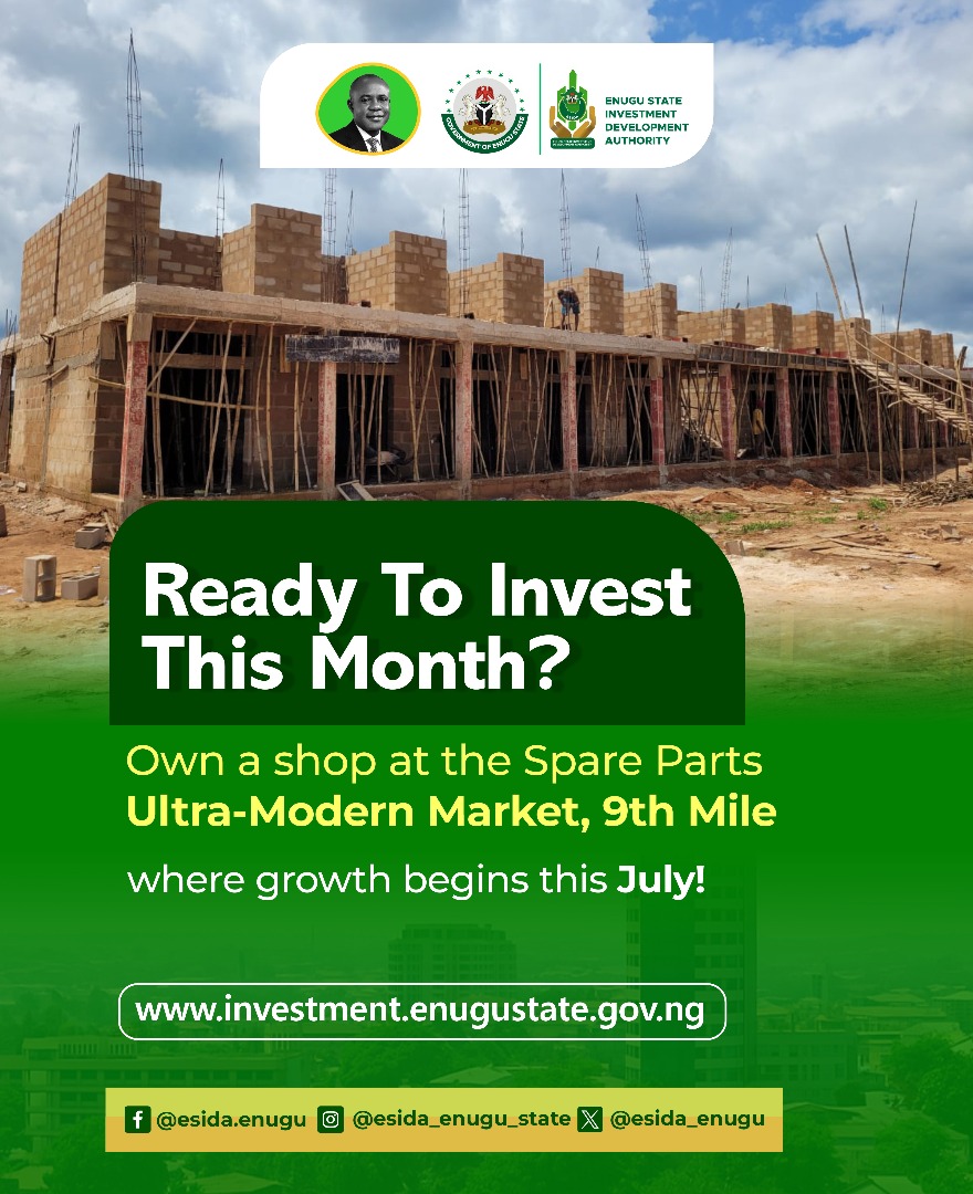esida_Enugu's tweet photo. Welcome to July,the month of bold moves and fresh opportunities!
Are you ready to invest smart this season? Own a shop at the Spare Parts UltraModern Market,9thMile.From all of us at the Enugu State Investment Development Authority(ESIDA)let’s build prosperity together this July. https://t.co/ugV8WySQUZ