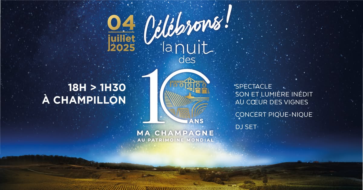 Il y a 10 ans, la #Champagne entrait au Patrimoine mondial de l’#UNESCO. Pour célébrer cette décennie d’engagement, de valorisation et de fierté collective, une soirée #exceptionnelle est organisée ce vendredi 4 juillet. =&gt; Infos et réservations bit.ly/3I98PXe