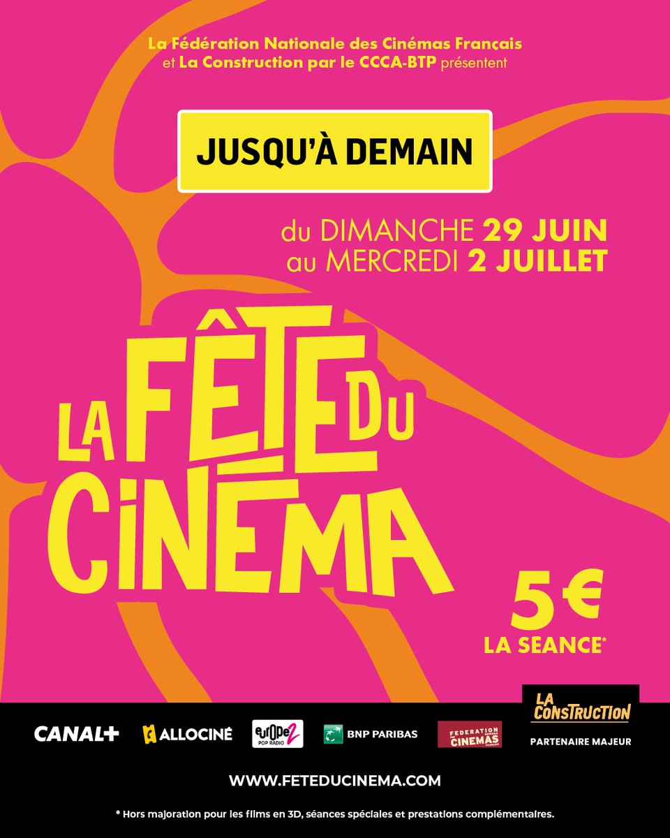 Vous avez jusqu'à demain soir pour profiter de La Fête du Cinéma ! 😍  

Tous dans les salles pour des séances à 5 € 😱 

#feteducinema #bonplan #cinema #film