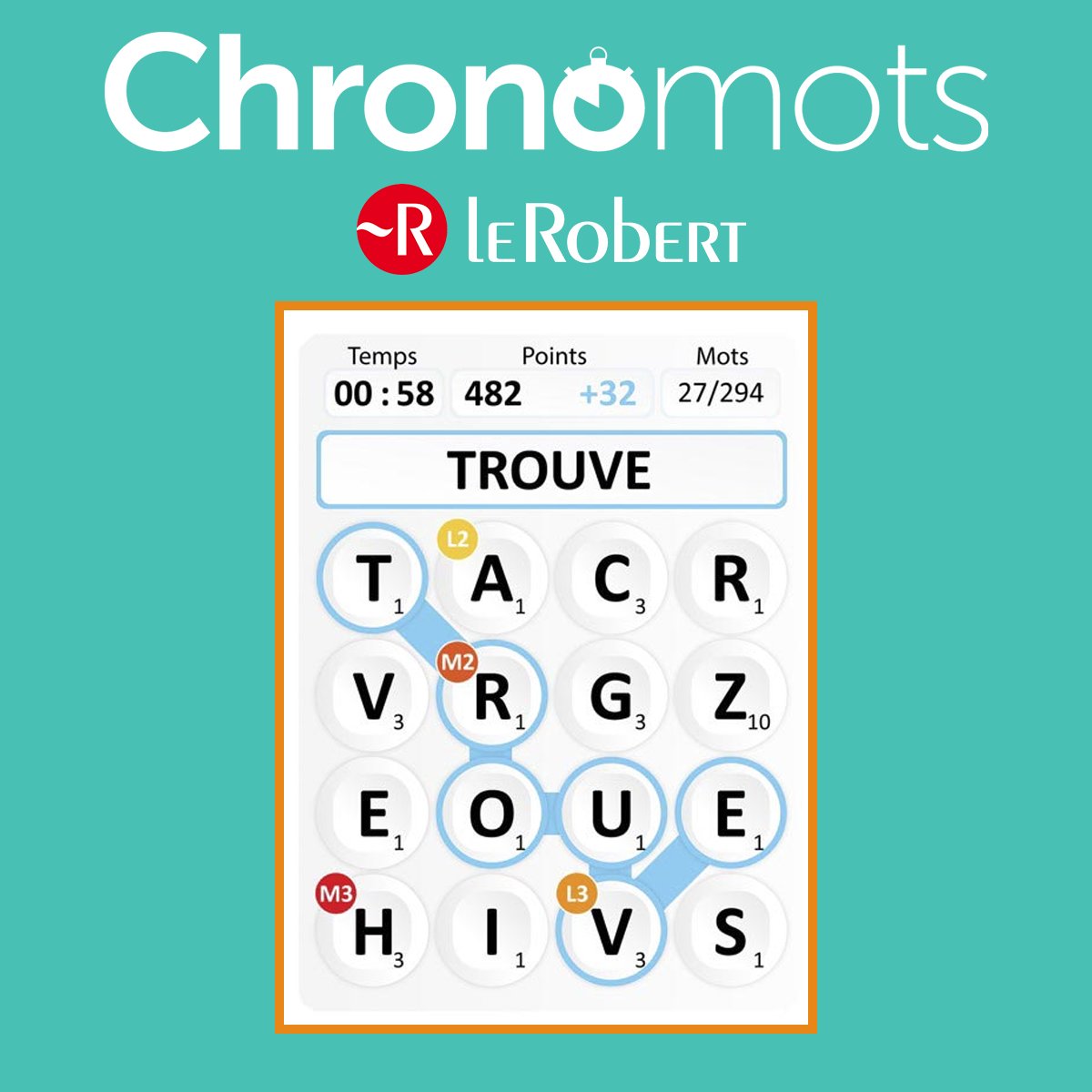 LeRobert_com's tweet image. 📣 Nouveau jeu en ligne : CHRONOMOTS 🧠⏱️
Le principe : 2 minutes chrono pour retrouver un maximum de mots dans une grille de 16 lettres.
📱 À vous de jouer 👉 dictionnaire.lerobert.com/dis-moi-robert…