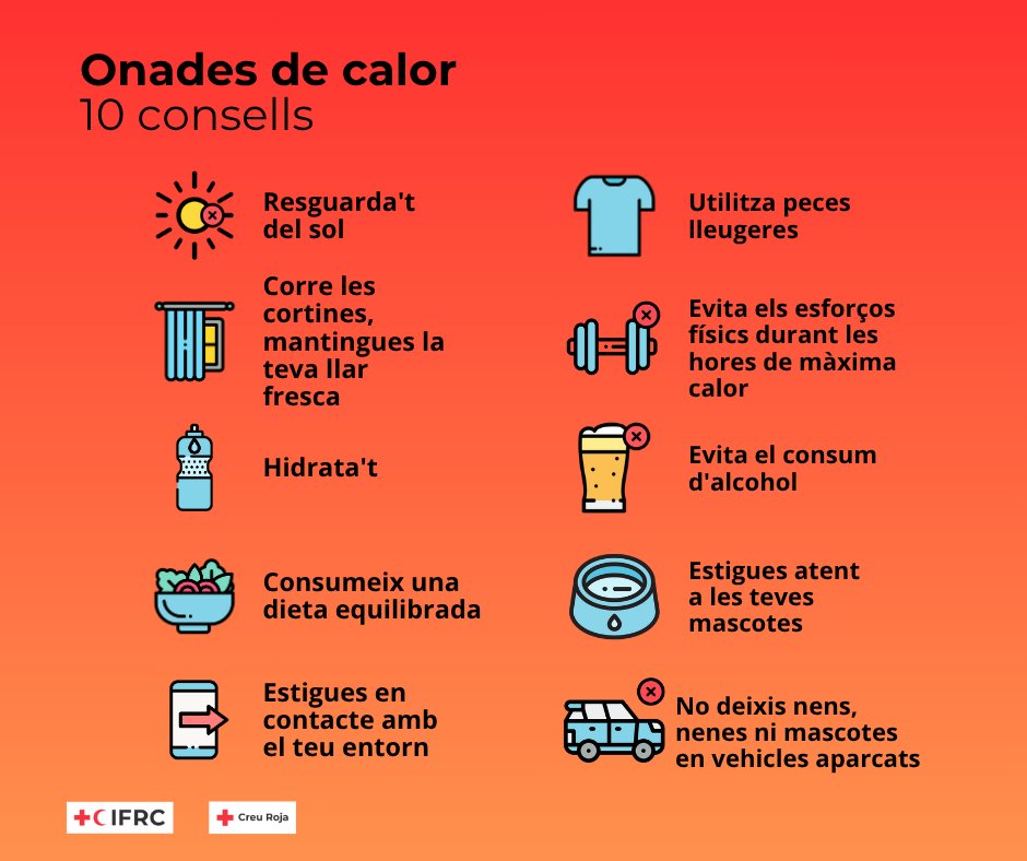 🌡️☀️Continuem en plena onada de calor. Aquí us deixem alguns consells per reduir els impactes de la calor durant aquests dies de temperatures màximes. 

<a href="/emergenciescat/">Protecció civil</a> <a href="/meteocat/">Meteocat</a>