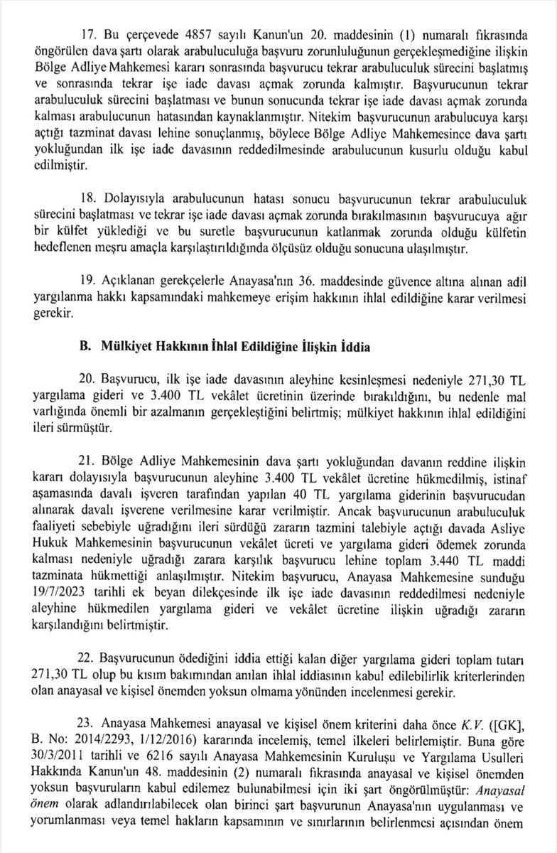 Gönül Aydan Başvurusu

Zorunlu arabuluculuğun cari olduğu bir dosya kapsamında, arabulucunun hatası sonucu başvurucunun tekrar arabuluculuk süreci başlatmak ve tekrar dava açmak zorunda bırakılması; başvurucuya ağır bir külfet yükler ve ölçüsüzdür.

resmigazete.gov.tr/eskiler/2025/0…