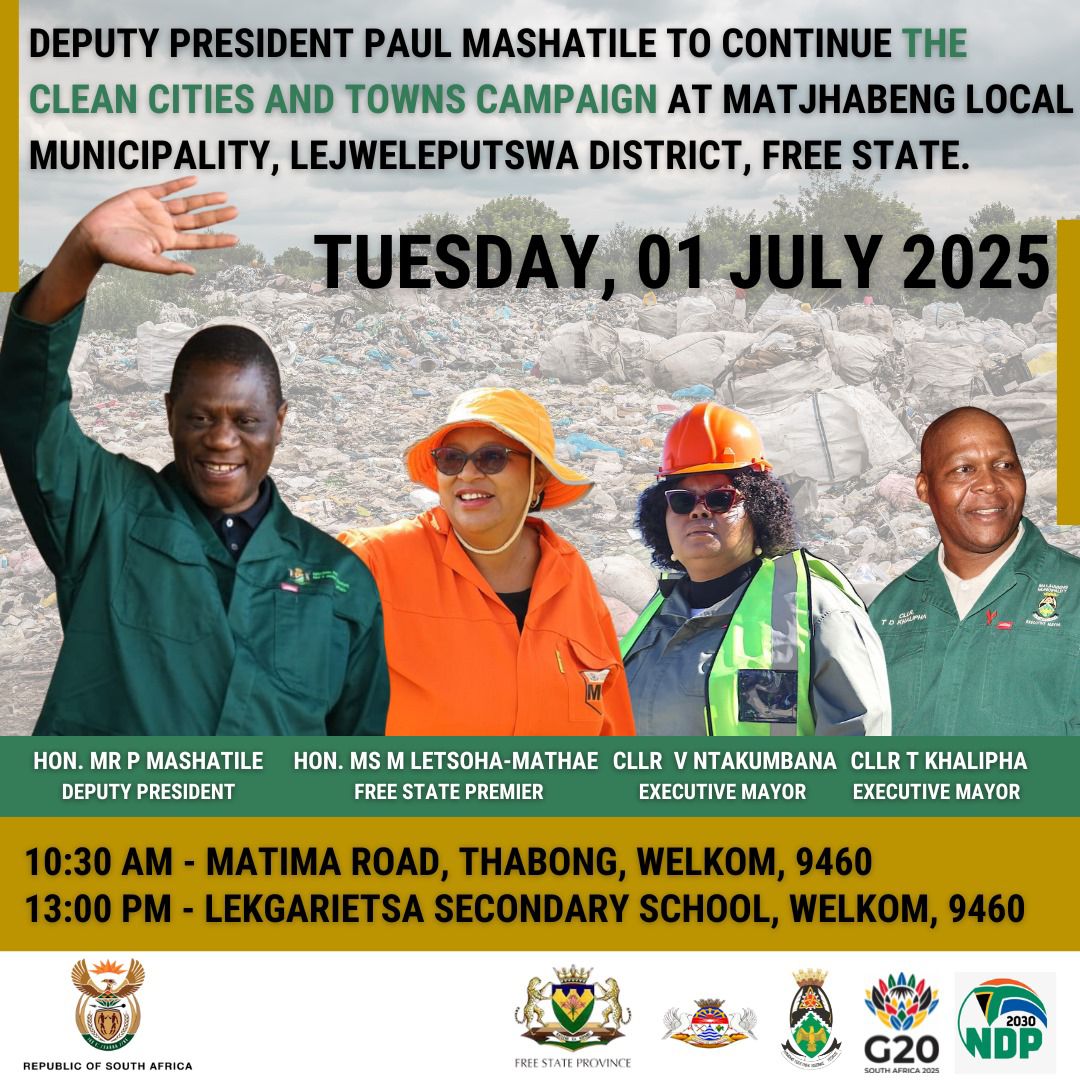PresidencyZA's tweet photo. Deputy President @PMashatile arrives at the Matjhabeng Local Municipality offices to receive a briefing ahead of the Clean Cities and Towns Campaign integrated service delivery programme taking place today in the Free State town of Welkom.
#CleanCitiesCampaign
#PaulMashatile
#ServiceDelivery