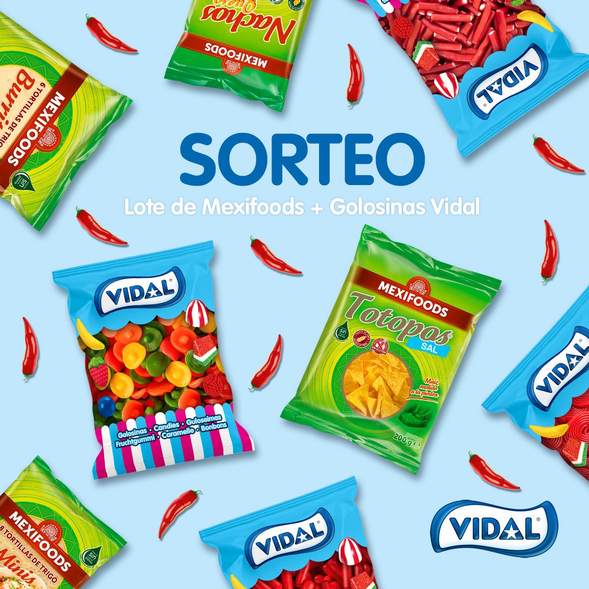 🎉 ¡SORTEAZO MEXICANO! 🎉

Sorteamos 3 packs de Mexifoods acompañados de 3 lotes de golosinas Vidal  🍬🌶️

¡Un combo perfecto de sabor mexicano y dulzura picante! 🇲🇽💥
Incluimos sombreros mexicanos, chiles, Dinamitas Cereza Picante y muchas sorpresas más 😍

📌 ¿Cómo participar?