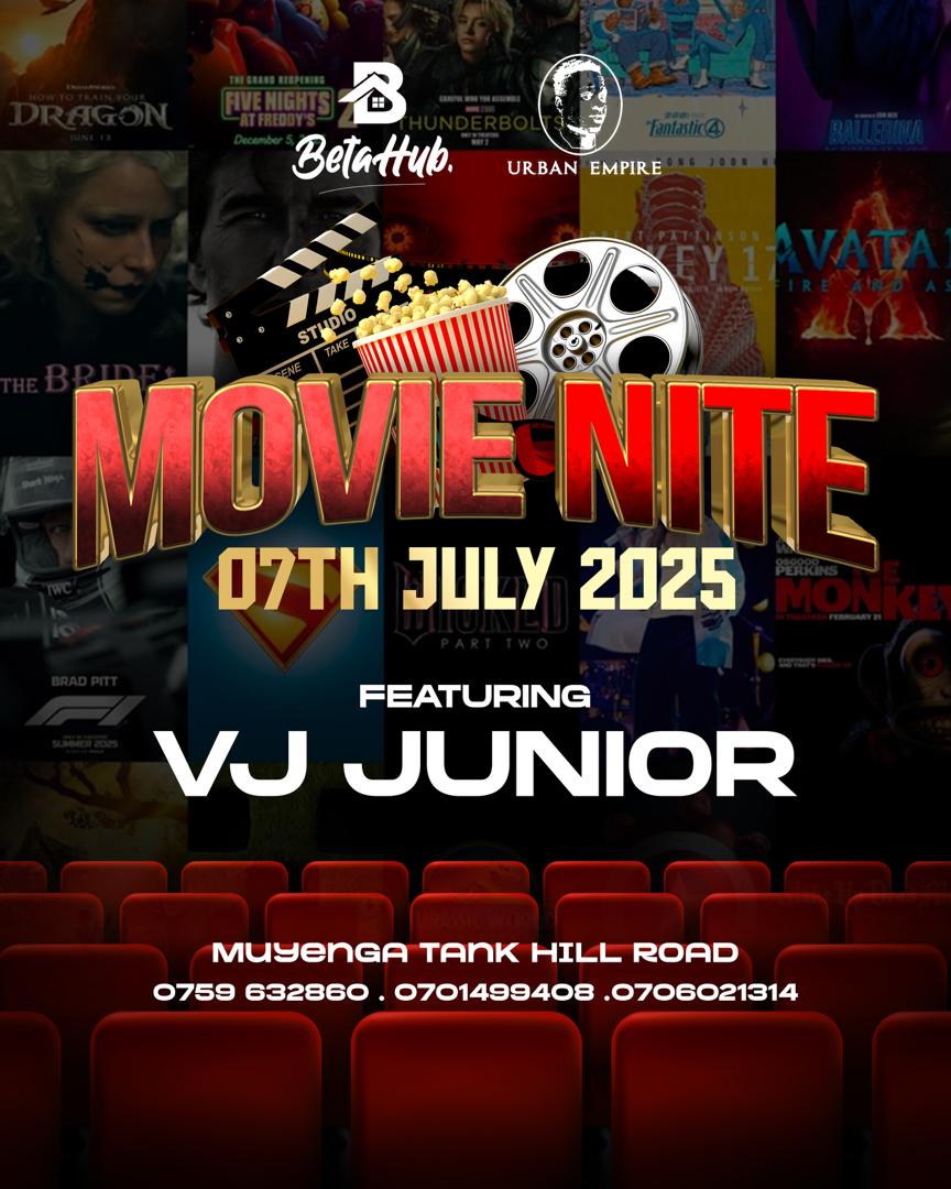Get ready for the ultimate movie night every Monday at BETA HUB, Muyenga Tank Hill, starting July 7th! Join us for a fantastic launch and incredible vibes with VJ Junior. Don't miss out!