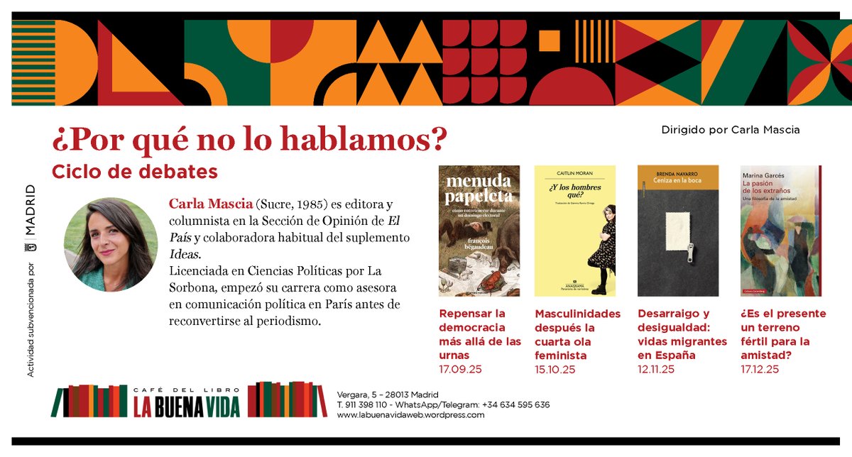 Juntarnos para hablar, intercambiar opiniones, escuchar y que te escuchen, discutir sin levantarse de la mesa... es lo que buscamos en nuestro Club de debate que dirige <a href="/CarlaMDLJ/">Carla Mascia</a>.

Ya tenemos preparadas las primeras sesiones del curso que viene:
acortar.link/bZJGaA