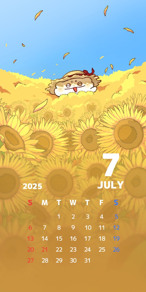 7月のカレンダーです！
みてください〜！ひまわりです！！🐶🌻

 #壁紙カレンダー #ひまわり #さぶろー