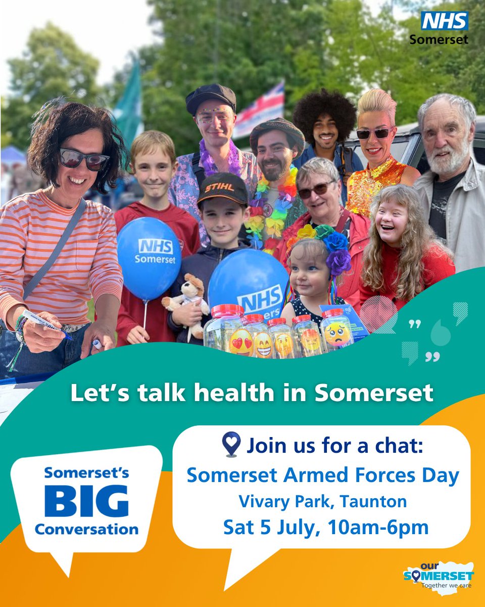 📢 We’re heading to Taunton! NHS Somerset is visiting your area to listen to your experiences of local health and care services.

📍 Can’t pop by? Share your thoughts in our quick survey:
👉 hhttps://bit.ly/BigConvoSurvey

#SBC2025 #Taunton #SomersetArmedForcesDay