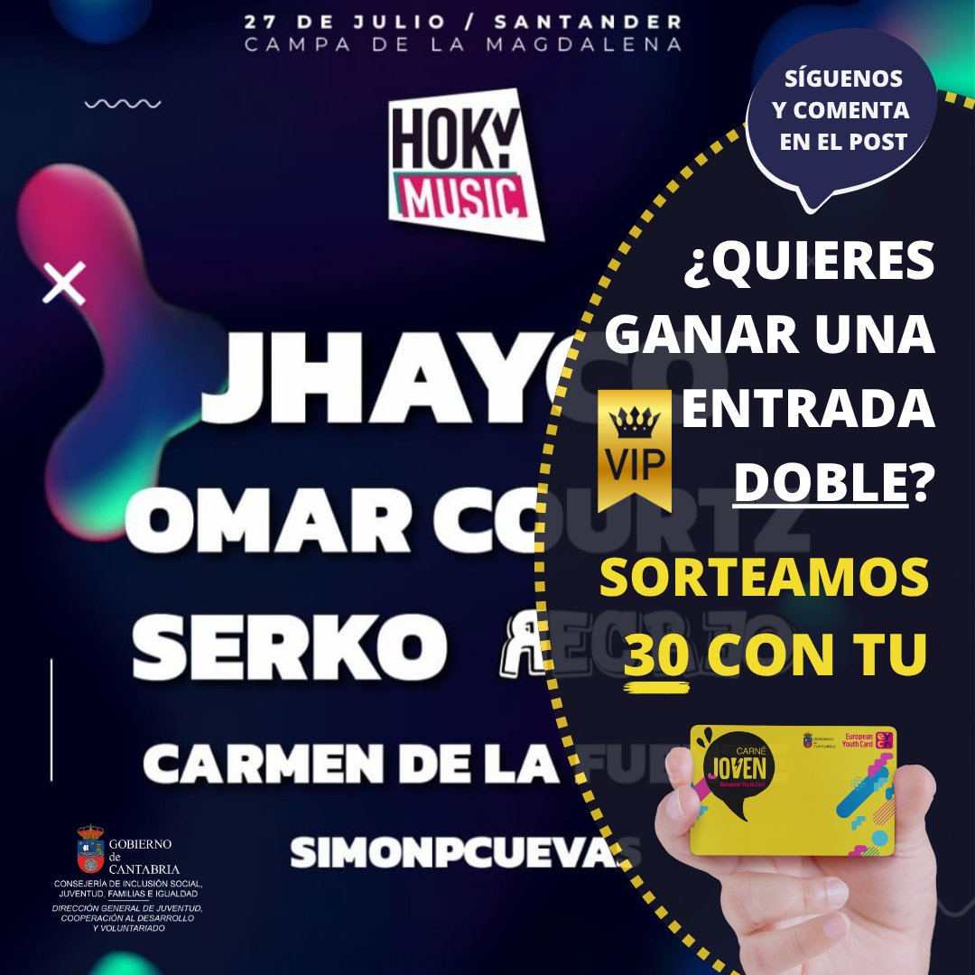 Sorteamos 🎟️30 ENTRADAS VIP DOBLES para el <a href="/hokymusic/">HokyMusic</a>  entre los usuarios del Carnet Joven Europeo (que residan en Cantabria).
Participa en nuestro concurso:
ℹ️jovenmania.com/comunes/notici… 
#carnetjovencantabria