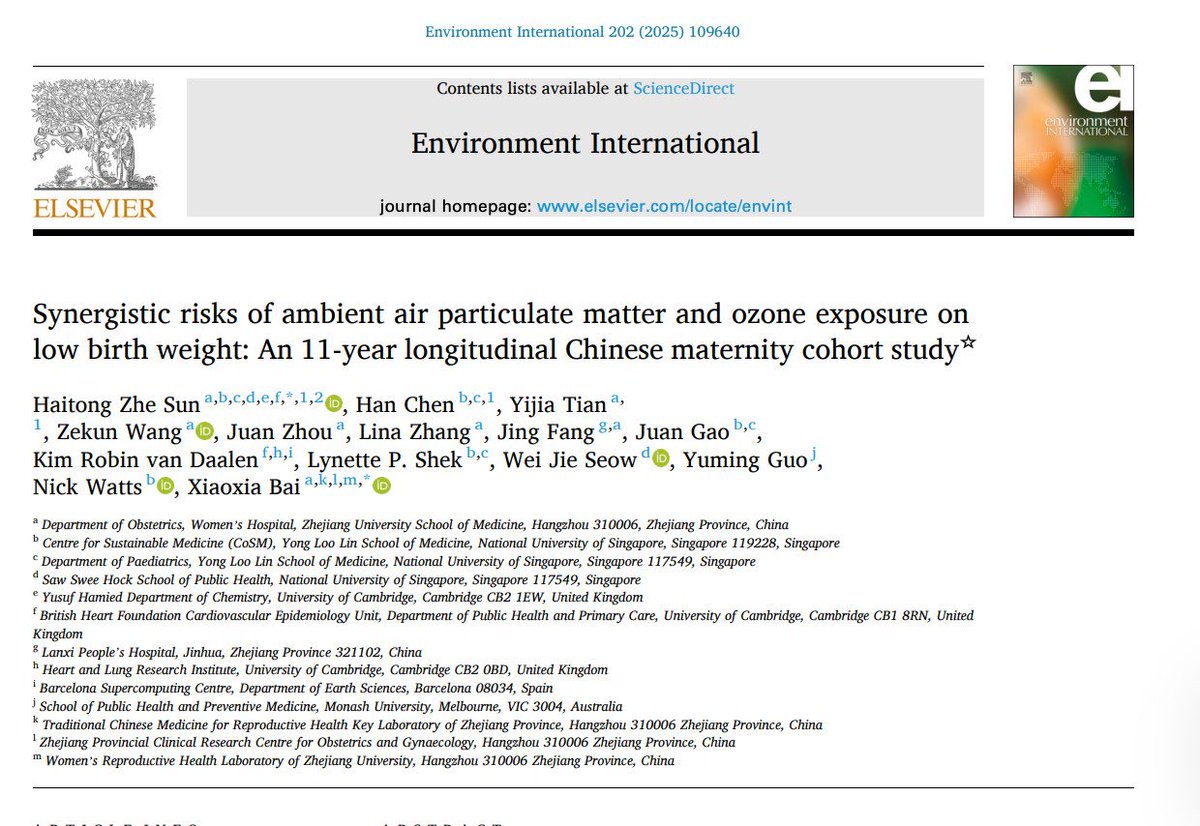 Kim R. van Daalen, PhD (@daalenkim) on Twitter photo 🚨 Our new study of 147,979 🤱🏻pregnant women across 9 Chinese provinces finds that combined PM₂.₅ and ozone exposure increases low birth weight risk - with critical exposure windows from preconception to the second trimester.
Led by <a href="/csuen27/">Haitong Z. Sun</a>, full ⬇️:
sciencedirect.com/science/articl… 🚨 Our new study of 147,979 🤱🏻pregnant women across 9 Chinese provinces finds that combined PM₂.₅ and ozone exposure increases low birth weight risk - with critical exposure windows from preconception to the second trimester.
Led by <a href="/csuen27/">Haitong Z. Sun</a>, full ⬇️:
sciencedirect.com/science/articl…