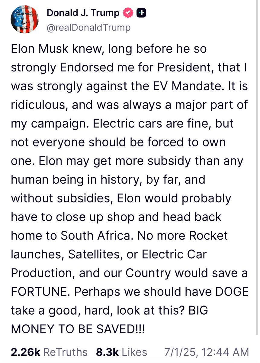 POTUS at 12:44am: “Elon may get more subsidy than any human being in history, by far, and without subsidies, Elon would probably have to close up shop and head back home to South Africa.”