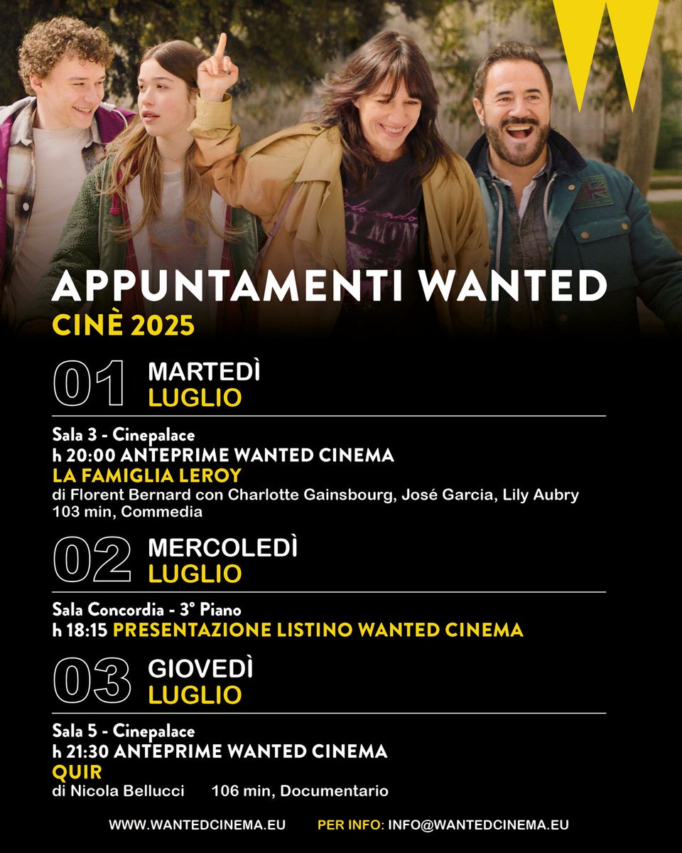 Siamo entusiasti di presentare i prossimi titoli a Ciné Giornate di Cinema ✨
Quest'anno verranno presentati in #anteprima "La Famiglia Leroy" e "Quir" . 

Entrambi i film sono disponibili nelle arene estive e arriveranno al #cinema a settembre ☀🍿

#charlottegainsbourg #queer