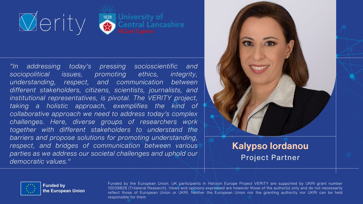 VERITY (@verityeu) on Twitter photo Kalypso Iordanou highlights the importance of promoting ethics, integrity & respectful communication. 
By bringing researchers & stakeholders, #VERITY is helping to identify barriers & propose solutions to strengthen trust, dialogue & values. 🙏
🔗verityproject.eu Kalypso Iordanou highlights the importance of promoting ethics, integrity & respectful communication. 
By bringing researchers & stakeholders, #VERITY is helping to identify barriers & propose solutions to strengthen trust, dialogue & values. 🙏
🔗verityproject.eu