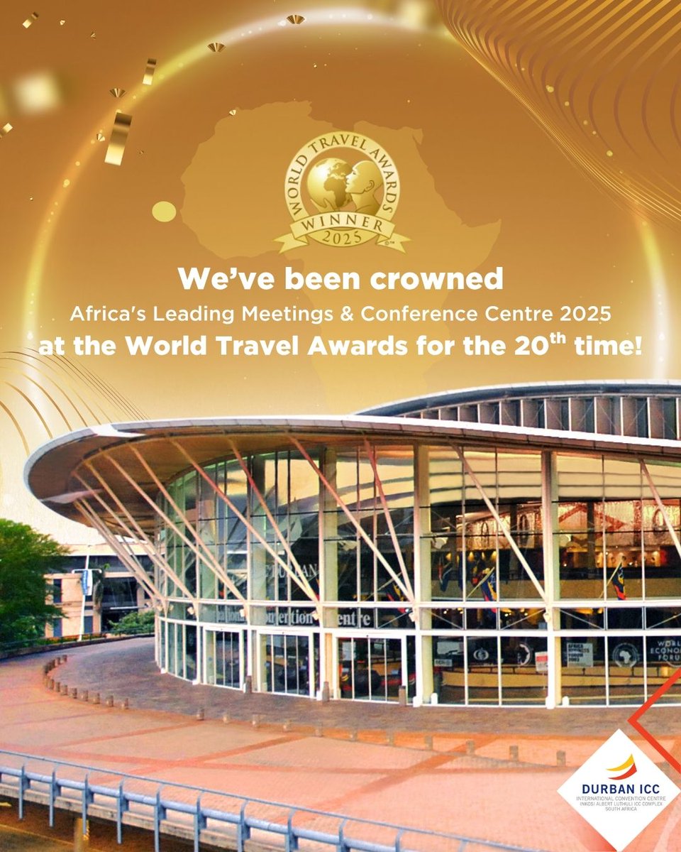 🏆 Durban ICC Named Africa’s Leading Meetings &amp; Conference Centre for 2025 - marking an incredible 20th win since 2001! 🌍 Thank you to all who voted - our prestigious venue is on the map again, thanks to you!

#DurbanICC #WTA2025 #MICE #Winner